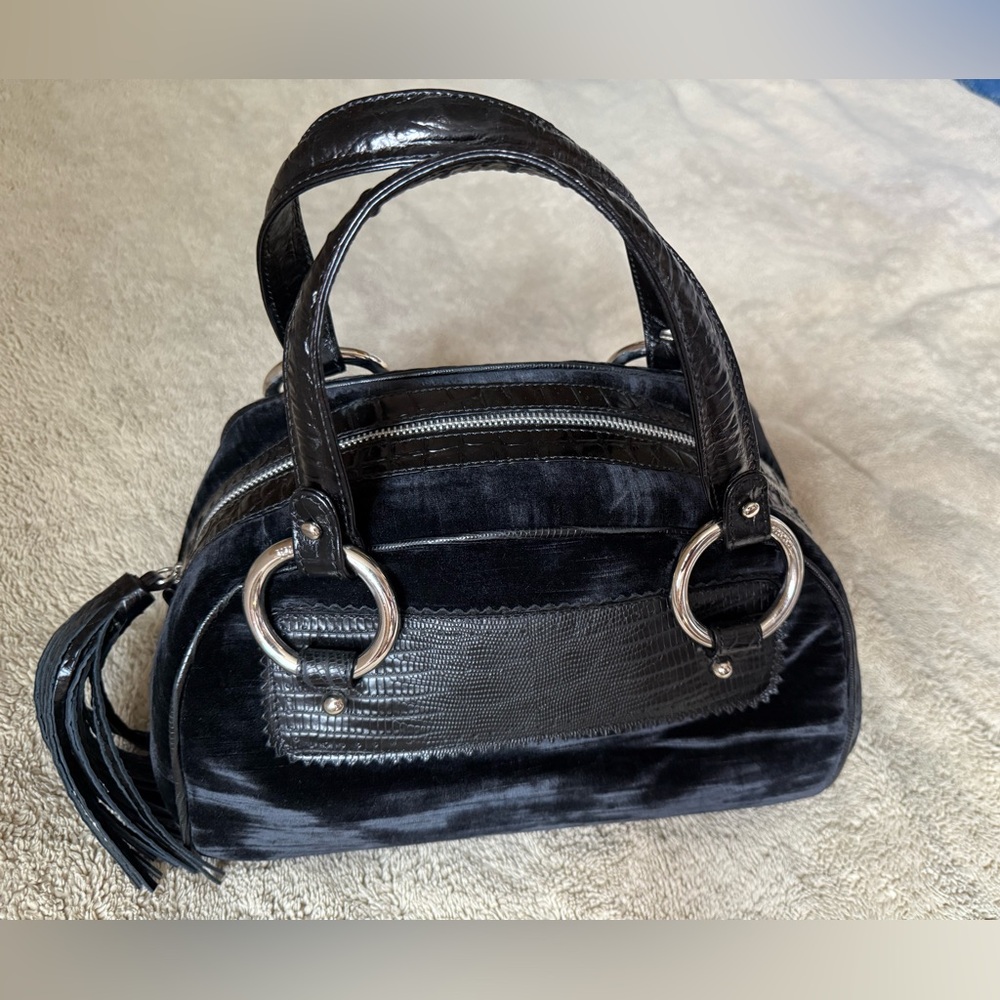 Gianfranco Ferré Black Velvet Satchel with Silver Rings